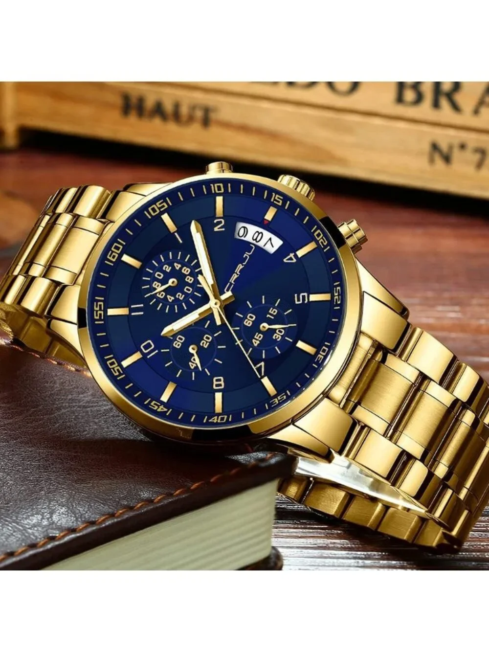 Men's Gold And Blue Analog Stainless Steel Waterproof Chronograph Wrist Watch